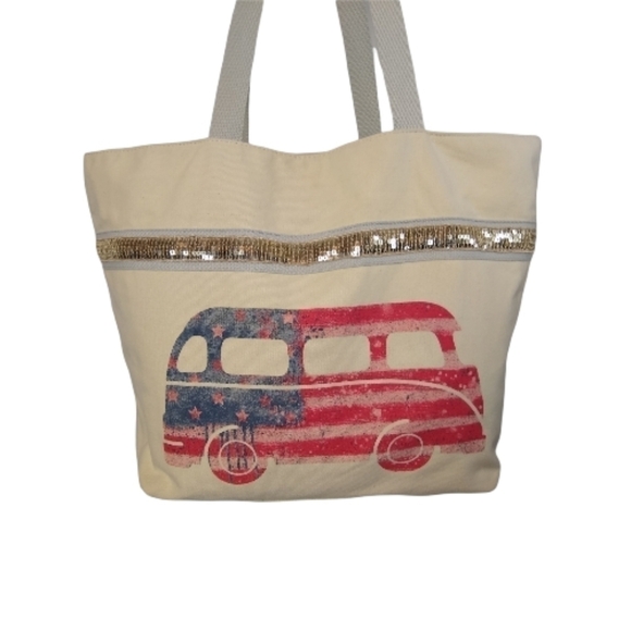 Maurices Large Tote Bag Americana USA Van Sequins Summer Patriotic Beach - Picture 1 of 13